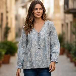 JOHNNY WAS Oversized Vintage Ruffled Floral Peasant Top
